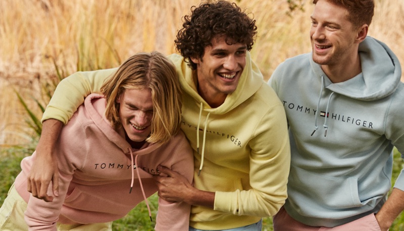Hunter Bach, Francisco Henriques, and Race Imboden sport pastel hued hoodies from Tommy Hilfiger.