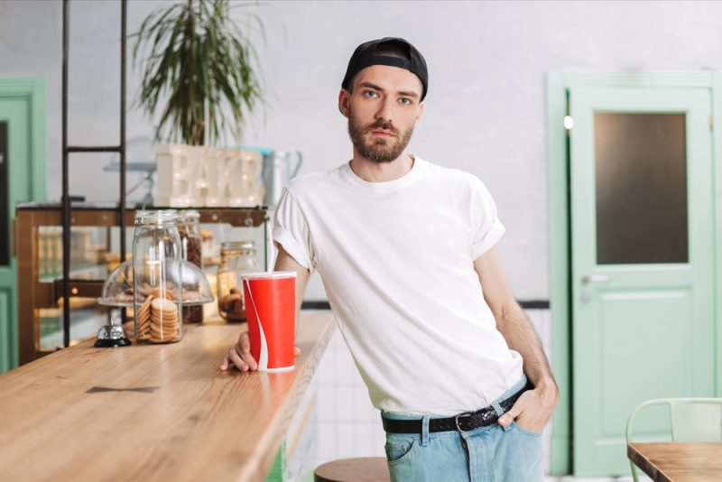 Male Model Backwards Cap Belted Jeans