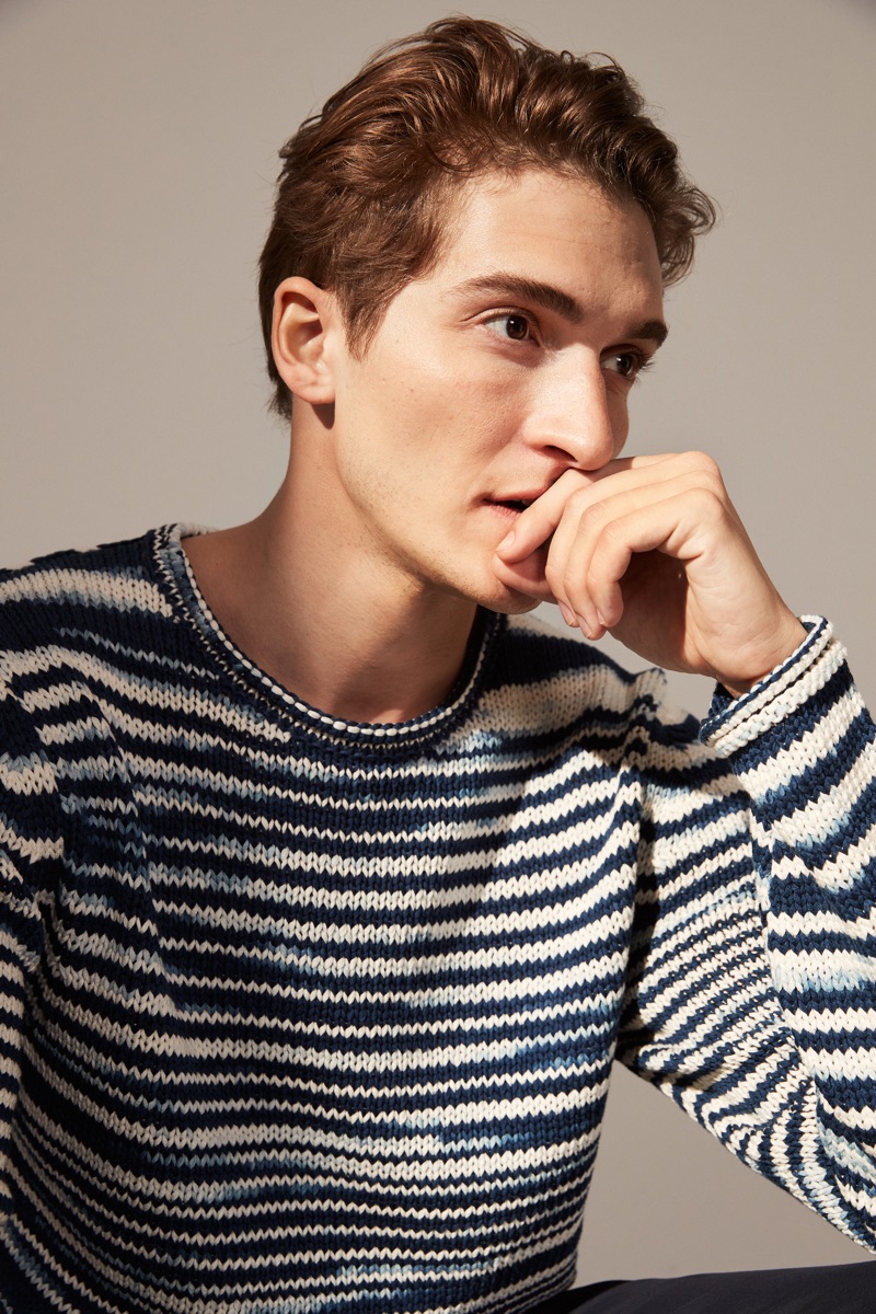 Sporting a striped knit, Matvey Lykov stars in Marc O'Polo's spring 2019 lookbook.