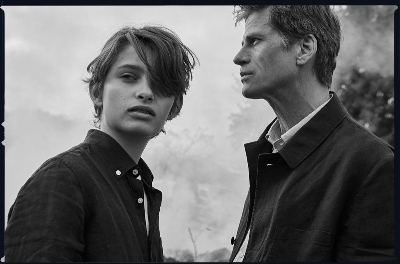 Mark Vanderloo Jr. poses for a black and white picture with his father.