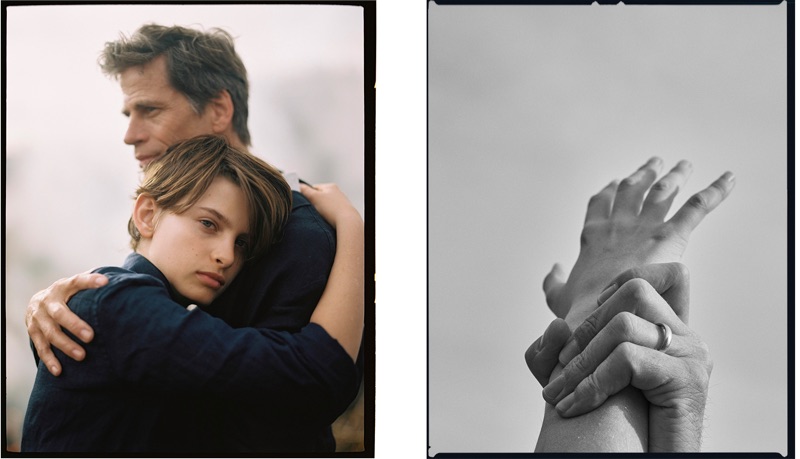 Embracing, Mark Vanderloo and his son appear in a feature for Massimo Dutti.