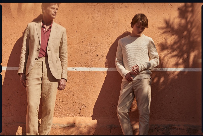 Embracing neutrals, Mark Vanderloo and his son front a stylish outing for Massimo Dutti.