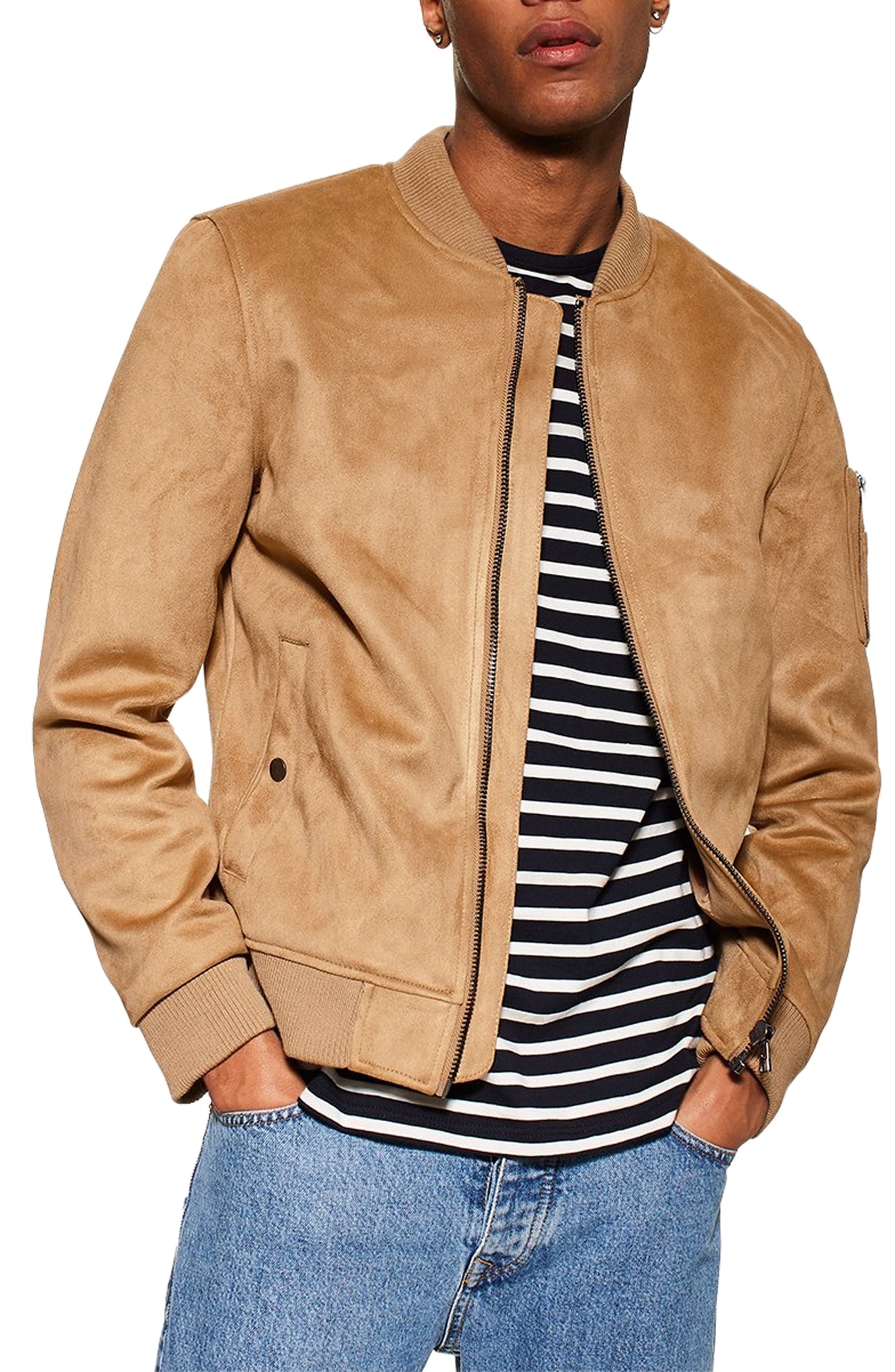  Men  s Topman Faux Suede Bomber Jacket  Size Large Beige 