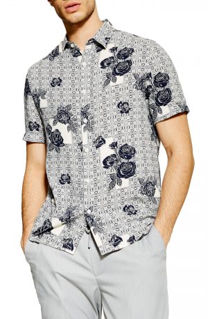 Men's Topman Rose Tile Print Slim Fit Shirt, Size Large - Ivory Men's Topman Rose Tile Print Slim Fit Shirt, Size Large - Ivory