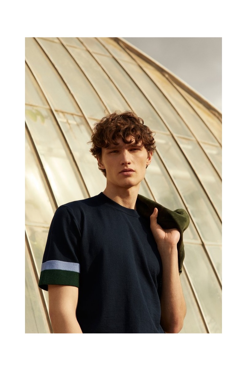 Front and center, Lukas Marschall models a striped merino wool t-shirt by Mr P.