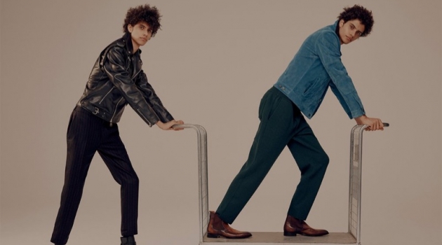 Time to Choose: Piers & Trent Lafond Sport Top Brands from Mr Porter Left: Piers wears an Alexander McQueen leather biker jacket with Givenchy trousers and boots. Right: Trent sports a Berluti suede trucker jacket, t-shirt, sweatpants, and leather Chelsea boots.