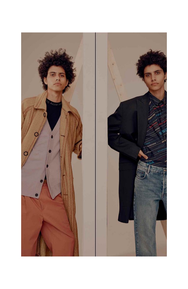 Left: Piers sports an Acne Studios striped coat, Acne Studios sweatshirt, wool cardigan, and cropped trousers. Right: Trent rocks a Balenciaga coat, logo shirt, and denim jeans.