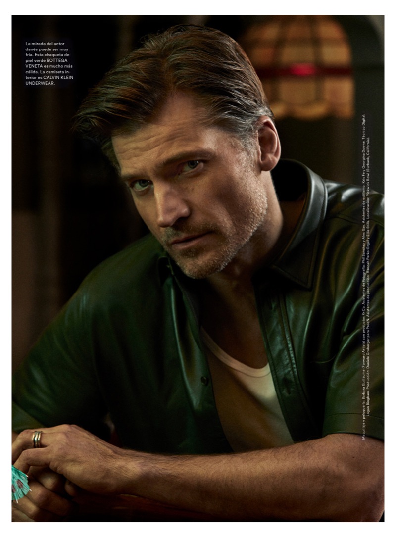 Connecting with Icon El País, Nikolaj Coster-Waldau sports  a leather shirt by Bottega Veneta with a Calvin Klein tank.