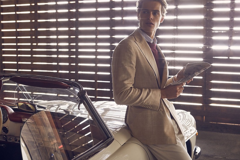 Embracing neutral tones, Parker van Noord dons a look from Brunello Cucinelli.