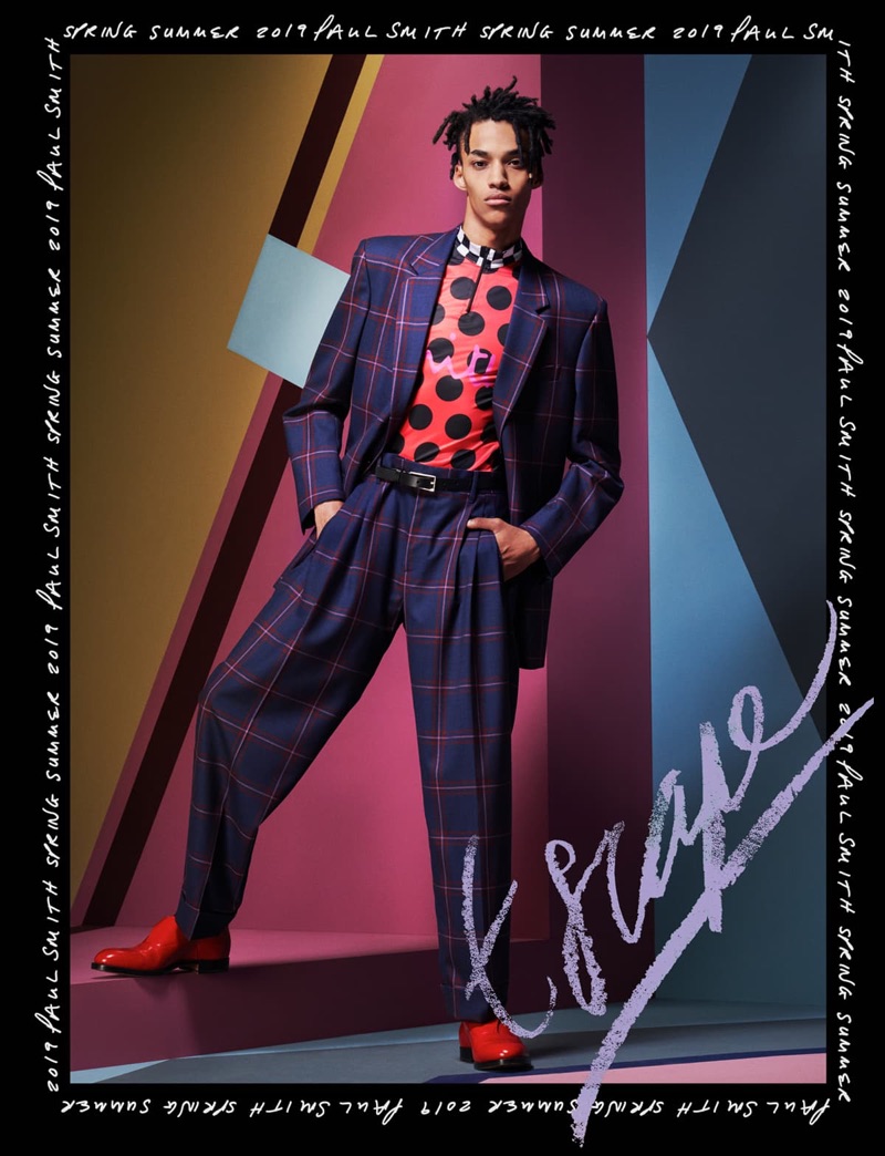 Tristan Cole makes a bold statement in a colorful suit for Paul Smith's spring-summer 2019 campaign.