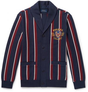 Polo Ralph Lauren - Shawl-Collar Embroidered Striped Cotton-Blend Jersey Cardigan - Men - Navy Polo Ralph Lauren - Shawl-Collar Embroidered Striped Cotton-Blend Jersey Cardigan - Men - Navy