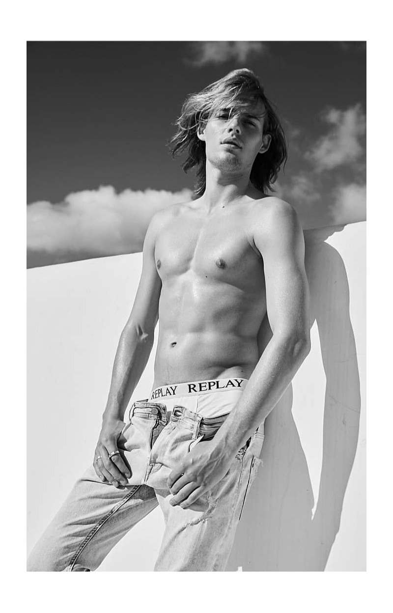 Going shirtless, Ton Heukels wears Replay's underwear and jeans for the brand's spring-summer 2019 campaign.