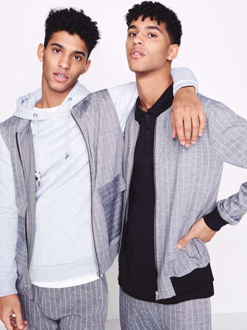 Brothers Jan Carlos and Hector Diaz sport grey pinstriped numbers from River Island.