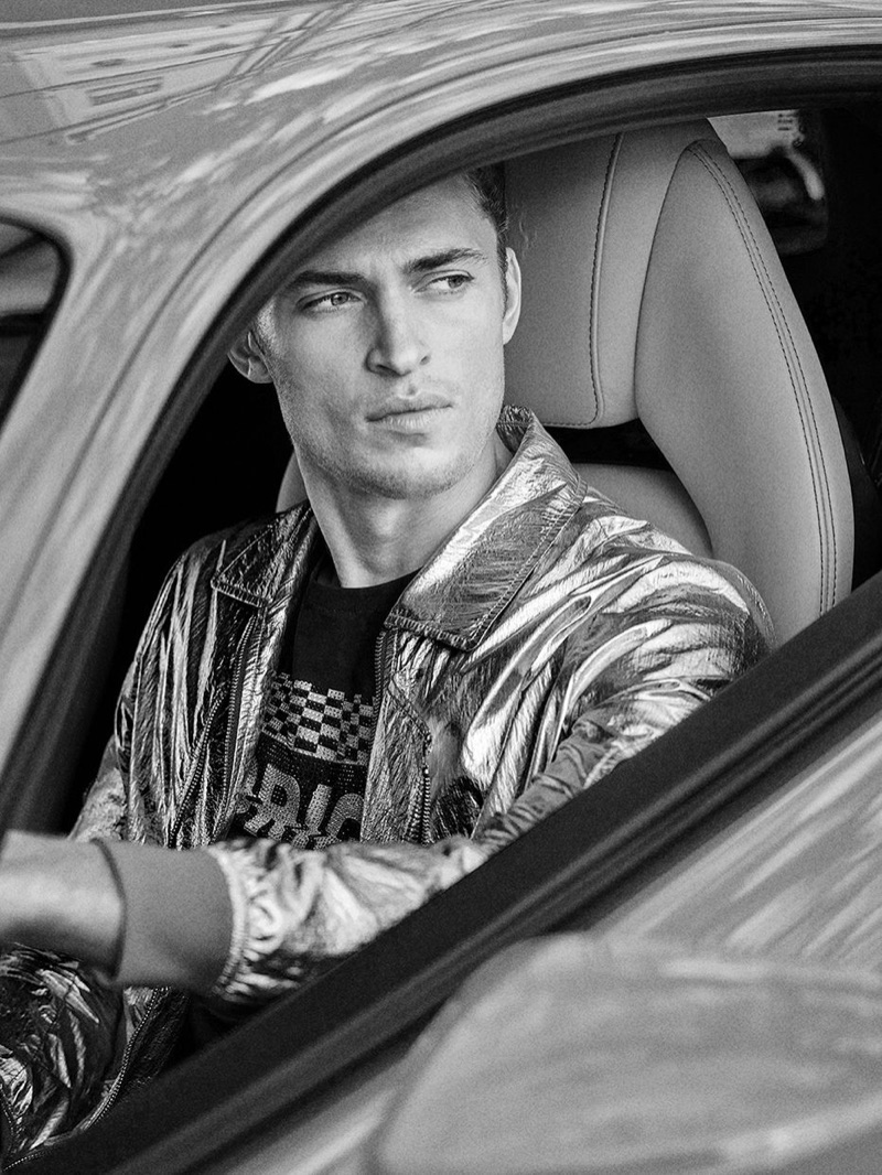 Getting behind the wheel of a car, Harvey Haydon stars in Rodrigo's spring-summer 2019 campaign.