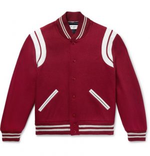 Saint Laurent - Leather-Trimmed Virgin Wool-Blend Bomber Jacket - Men - Claret Saint Laurent - Leather-Trimmed Virgin Wool-Blend Bomber Jacket - Men - Claret