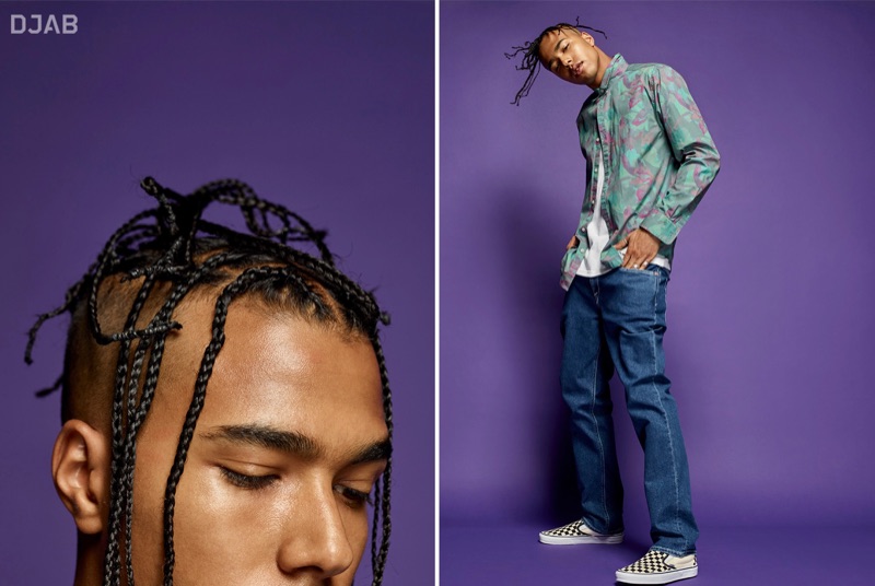 Taking to the studio, Sadjo Ka sports a DJAB all-over print shirt and essential t-shirt with Volcom faded jeans, and Vans checkerboard slip-ons.