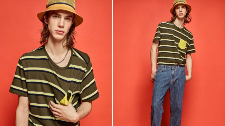 Thomas Saulnier rocks a DJAB striped pocket t-shirt, straight-fit dad jeans, and Vans classic Old Skool sneakers.