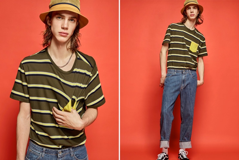 Thomas Saulnier rocks a DJAB striped pocket t-shirt, straight-fit dad jeans, and Vans classic Old Skool sneakers.