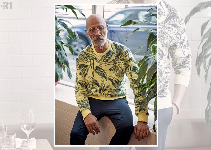 Connecting with Simons, Lono Brazil sports LE 31's tropical print Savannah sweater.