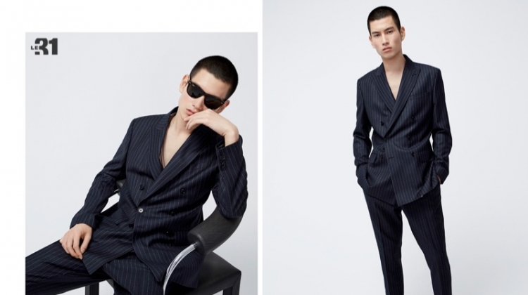 Dashing to say the least, Kohei Takabatake models a pinstripe anti-fit suit from LE 31.