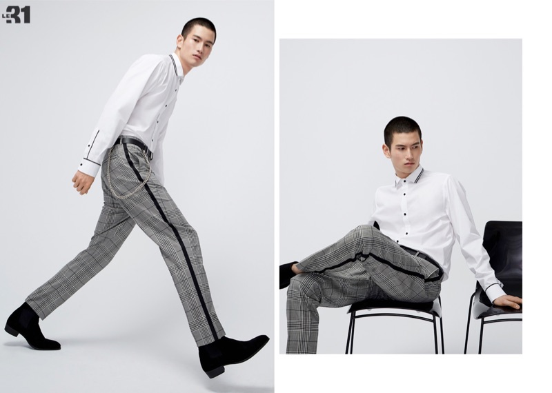 A sharp but contemporary vision, Kohei Takabatake sports a LE 31 athletic trim white shirt and contrast stripe Prince of Wales pants.