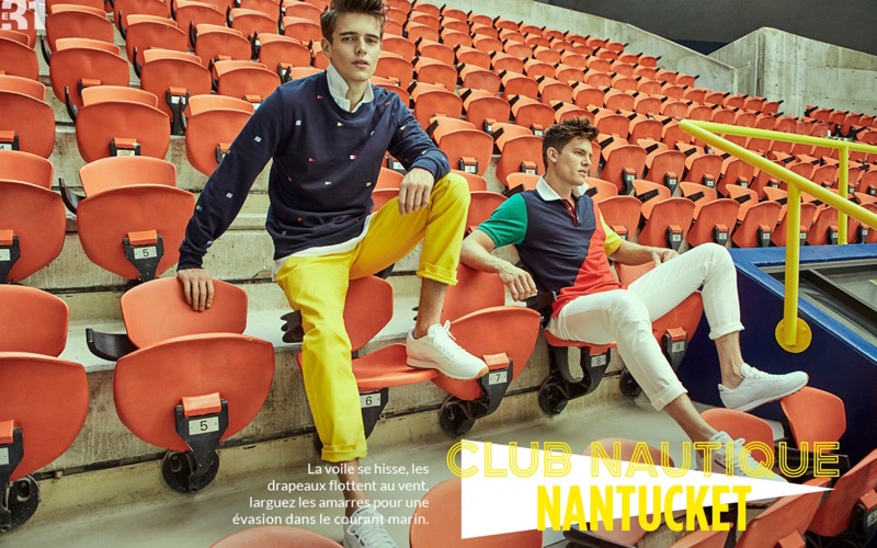 Left: Jordy Baan wears a LE 31 nautical flag embroidered sweatshirt, chinos, and an oxford shirt with Reebok sneakers. Right: Simon Malenfant sports a LE 31 colorblock polo with slim-fit pants and Reebok sneakers.