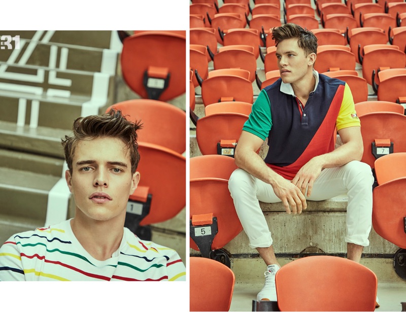 Left: Jordy rocks a striped boat shirt from LE 31. Right: Simon Malenfant sports a LE 31 colorblock polo with slim-fit pants and Reebok sneakers.