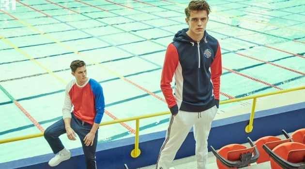 Nantucket Sailing Club: Jordy Baan & Simon Malenfant for Simons Left: Simon Malenfant models a LE 31 tricolor raglan t-shirt and athletic joggers with Reebok Classic sneakers. Right: Jordy Baan rocks a LE 31 hooded compass sweatshirt with athletic joggers.