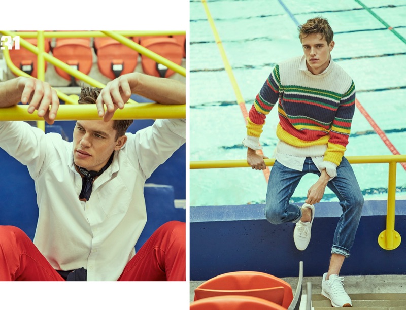 Left: Simon Malenfant wears an oxford shirt, red pants, and a paisley bandana from LE 31. Right: Jordan Baan dons a LE 31 striped sweater, oxford shirt, and jeans with Reebok Classic sneakers.