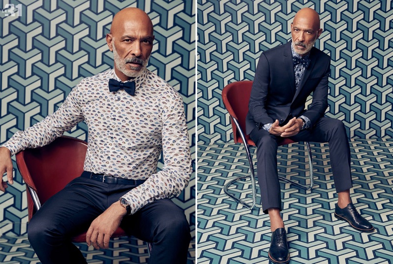 Left: Lono Brazil sports an exotic fish print shirt by LE 31 with the brand's trousers, knit bow-tie, and Saffiano leather belt. Right: Lono dons a LE 31 suit and floral print shirt with Steve Madden derby shoes.