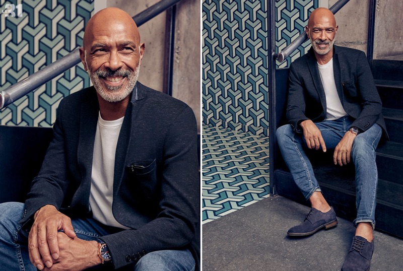 Offering a smart casual look, Lono Brazil wears a LE 31 structured jersey jacket with faded whiskered jeans. He also sports a Robert Barakett pima cotton t-shirt and Simons suede derby shoes.