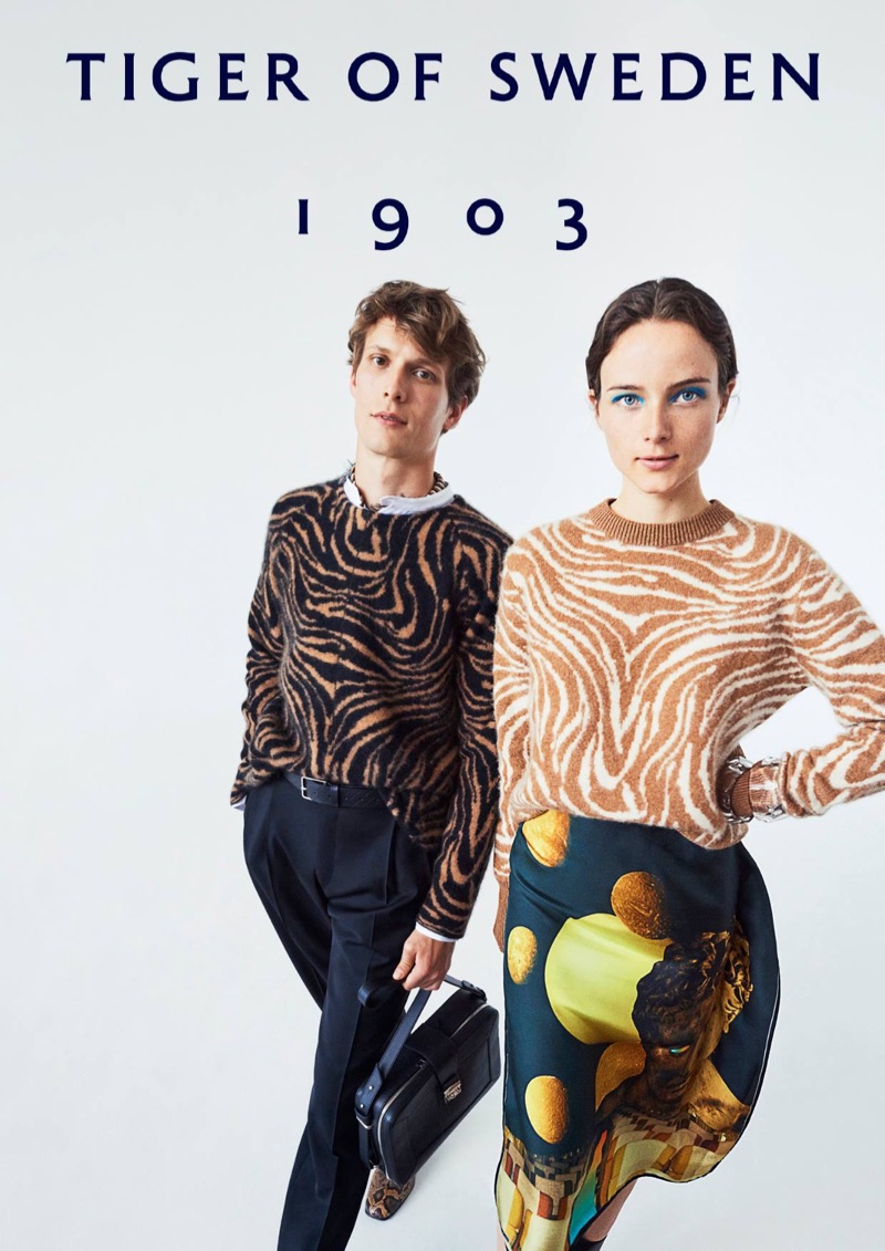 Embracing a graphic animal print, models Felix Gesnouin and Anna de Rijk star in Tiger of Sweden's spring-summer 2019 campaign.