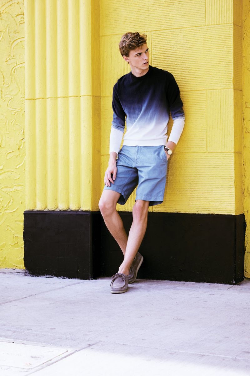 A smart vision, Max Barczak wears a Todd Snyder dip dye sweater and shorts.