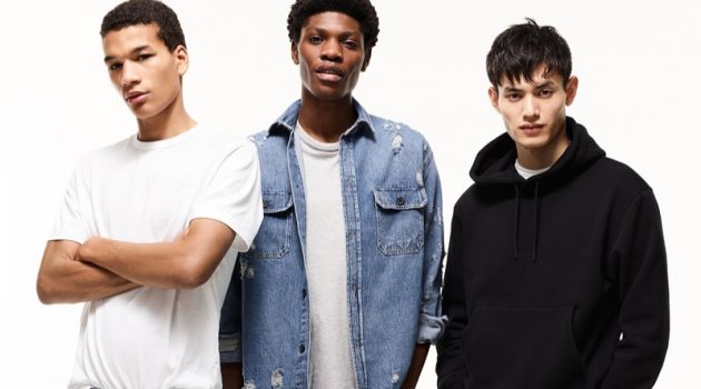 Models Hamady Hirailles, Tommy Blue, and Qiang Li come together for Topman's spring 2019 denim campaign.