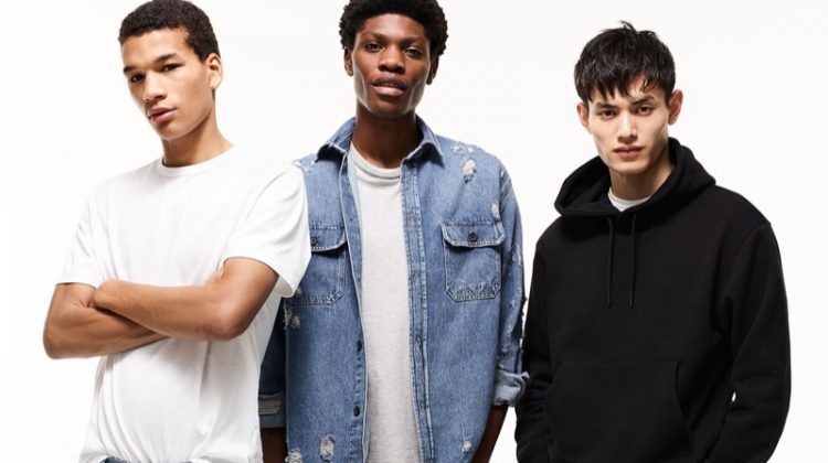 Models Hamady Hirailles, Tommy Blue, and Qiang Li come together for Topman's spring 2019 denim campaign.
