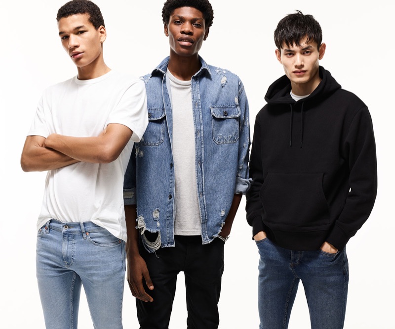 Models Hamady Hirailles, Tommy Blue, and Qiang Li come together for Topman's spring 2019 denim campaign.