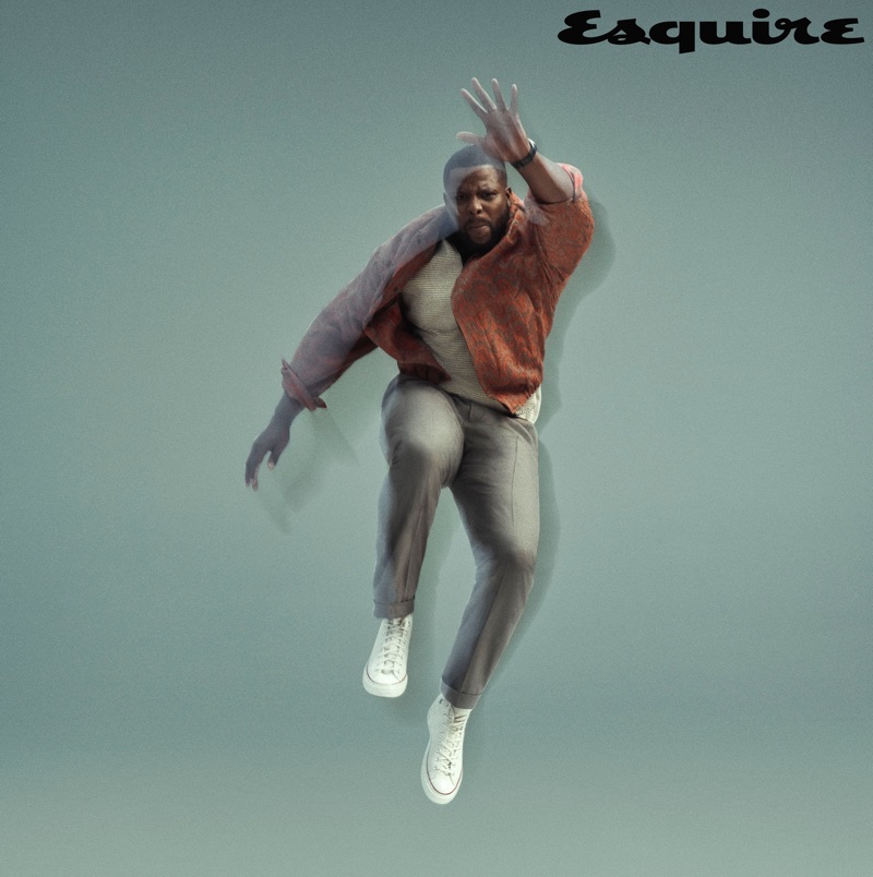 Jumping, Winston Duke rocks a Dries Van Noten jacket, Rag & Bone polo, Converse sneakers, and Gucci pants. » 'Us' Star Winston Duke Embraces Fashion-Forward Style for Esquire Jumping, Winston Duke rocks a Dries Van Noten jacket, Rag & Bone polo, Converse sneakers, and Gucci pants.