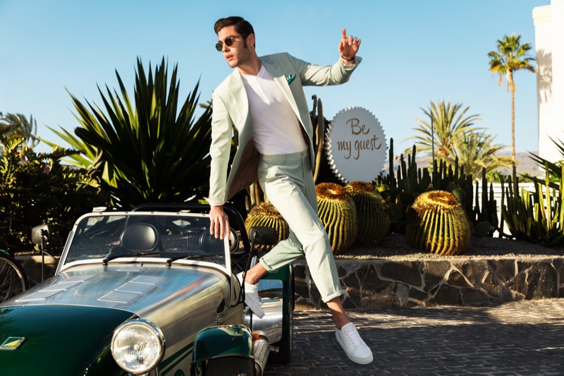 French model René Grincourt suits up for Wormland's spring-summer 2019 campaign.