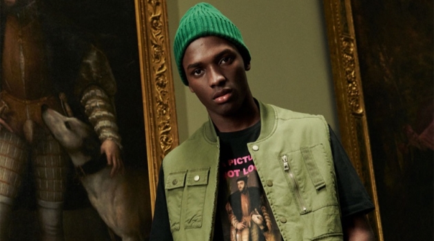 Zara Reinterprets Classic Art with New Collection Linking up with Zara Man, Daniel Morel wears a t-shirt from the brand's Work of Art collection.
