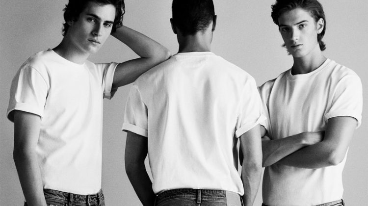 Models Liam Kelly, Louis Griffiths, and Theo Ford rock denim jeans from Zara Man.