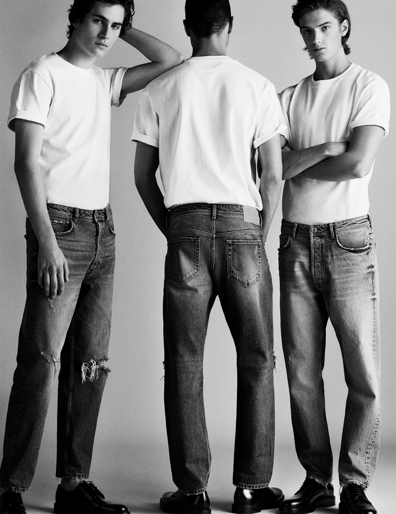 Models Liam Kelly, Louis Griffiths, and Theo Ford rock denim jeans from Zara Man.