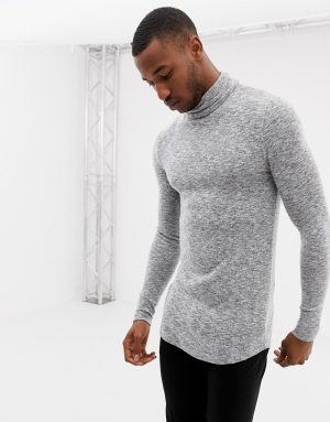ASOS DESIGN muscle fit longline long sleeve t-shirt with roll neck and curved hem in brushed fabric in gray - Gray ASOS DESIGN muscle fit longline long sleeve t-shirt with roll neck and curved hem in brushed fabric in gray - Gray