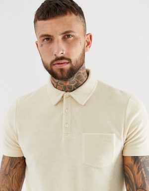 ASOS DESIGN polo shirt in towelling with pocket in beige - Beige ASOS DESIGN polo shirt in towelling with pocket in beige - Beige