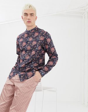 ASOS DESIGN regular fit floral shirt in blue with grandad collar - Blue ASOS DESIGN regular fit floral shirt in blue with grandad collar - Blue