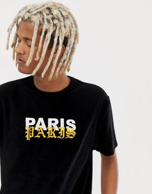 ASOS DESIGN relaxed t-shirt in towelling with paris slogan embroidery - Black ASOS DESIGN relaxed t-shirt in towelling with paris slogan embroidery - Black