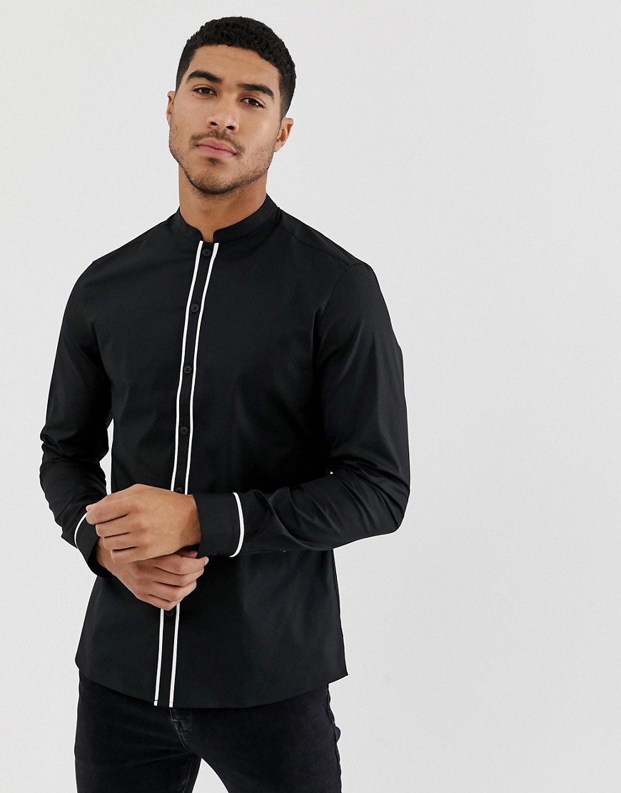 ASOS DESIGN slim shirt with manderin collar with contrast piping ...