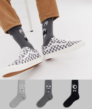 ASOS DESIGN sports style socks with monster faces 3 pack - Gray ASOS DESIGN sports style socks with monster faces 3 pack - Gray