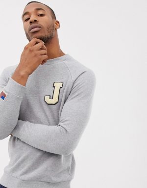 ASOS DESIGN sweatshirt with boucle letter patch and sleeve embroidery in gray - Gray ASOS DESIGN sweatshirt with boucle letter patch and sleeve embroidery in gray - Gray