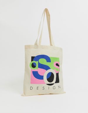 ASOS DESIGN unisex tote bag in beige with abstract asos print - Cream ASOS DESIGN unisex tote bag in beige with abstract asos print - Cream