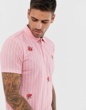 ASOS DESIGN vertical striped polo with rose embroidery - Pink ASOS DESIGN vertical striped polo with rose embroidery - Pink